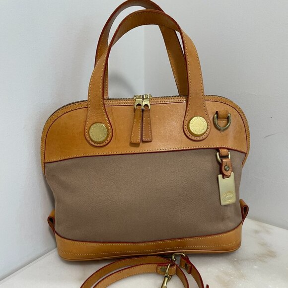 Dooney & Bourke Tan Canvas & Leather Vintage CABRIOLET Dome Satchel/Crossbody - Picture 2 of 16